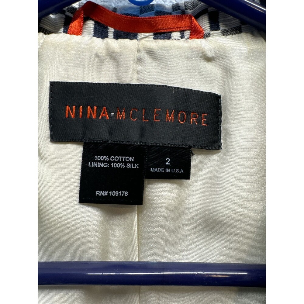 Nina Mclemore Women Blue,White Geometric Pattern Button Front Blazer Jacket Sz 2 - Picture 6 of 16